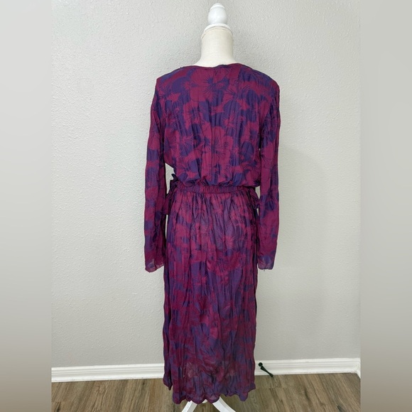 ZARA Wrinkled Jacquard Floral Midi Dress Dark Maroon Cut Out Sz M-L - Picture 9 of 13
